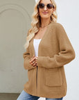 Rosy Brown Open Front Raglan Sleeve Pocketed Cardigan