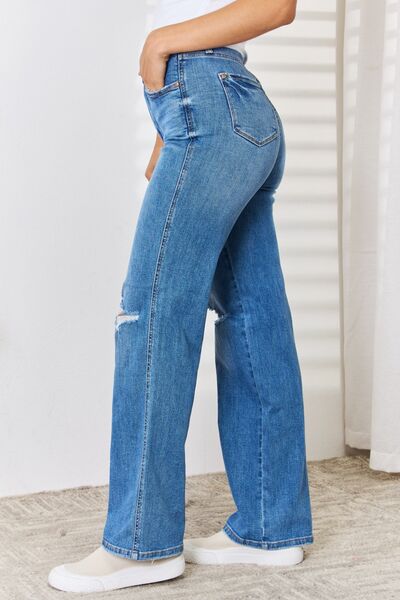 Steel Blue Judy Blue Full Size High Waist Distressed Straight-Leg Jeans Sentient Beauty Fashions Apparel &amp; Accessories