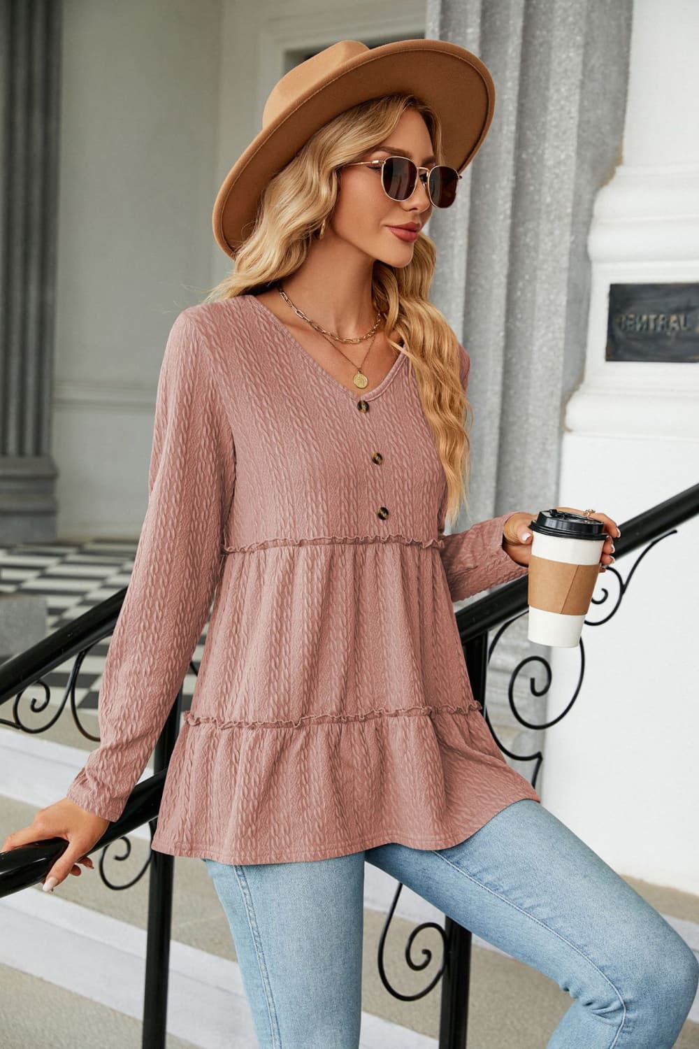 Rosy Brown Long Sleeve V-Neck Cable-Knit Blouse