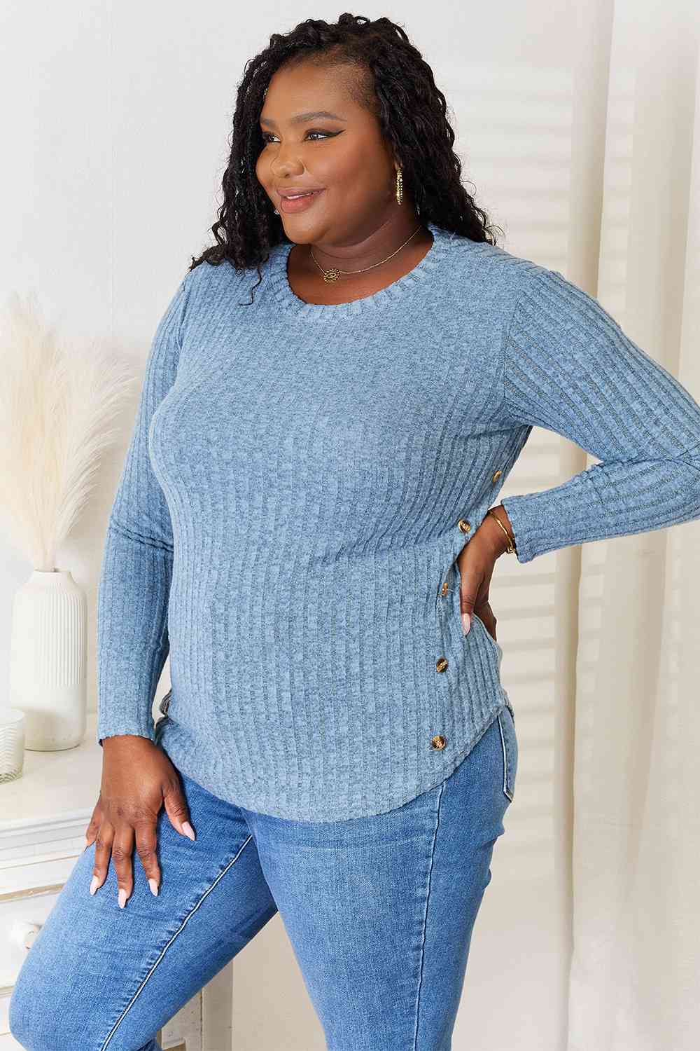 Light Gray Double Take Round Neck Ribbed Long Sleeve T-Shirt Sentient Beauty Fashions Apparel &amp; Accessories