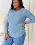 Light Gray Double Take Round Neck Ribbed Long Sleeve T-Shirt Sentient Beauty Fashions Apparel & Accessories
