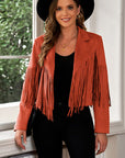 Sienna Fringe Trim Lapel Collar Cropped Blazer Sentient Beauty Fashions Apparel & Accessories