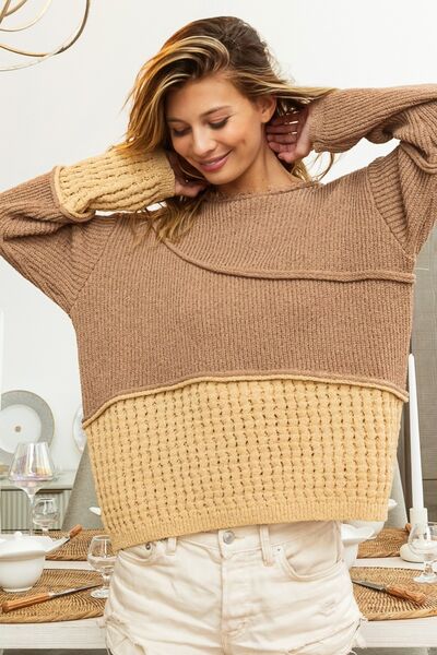 Tan BiBi Texture Detail Contrast Drop Shoulder Sweater Sentient Beauty Fashions Apparel &amp; Accessories