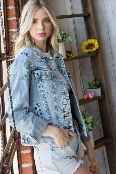 Dark Slate Gray Veveret Distressed Button Up Denim Jacket