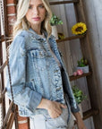 Dark Slate Gray Veveret Distressed Button Up Denim Jacket