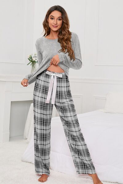Light Gray Round Neck Long Sleeve Top and Bow Plaid Pants Lounge Set Sentient Beauty Fashions Apparel &amp; Accessories