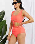 Light Gray Marina West Swim Sanibel Crop Swim Top and Ruched Bottoms Set in Coral Sentient Beauty Fashions Swimwear