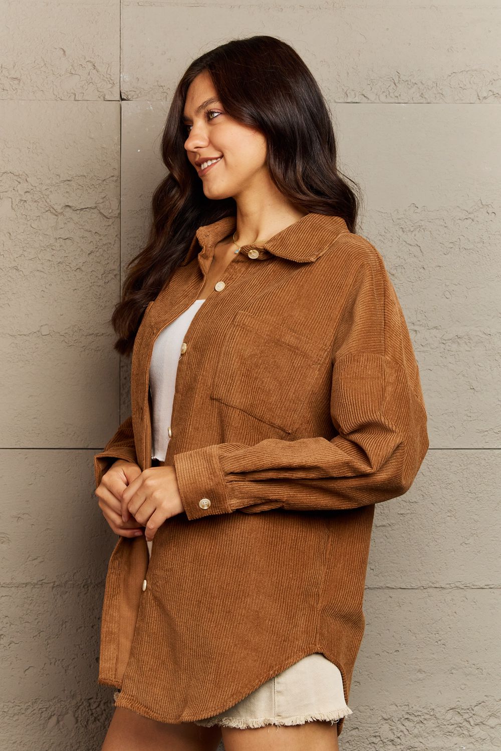Rosy Brown Ninexis Collared Neck Dropped Shoulder Button-Down Jacket Sentient Beauty Fashions Apparel &amp; Accessories