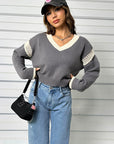 Light Gray Contrast Openwork Long Sleeve V-Neck Sweater Sentient Beauty Fashions Apparel & Accessories