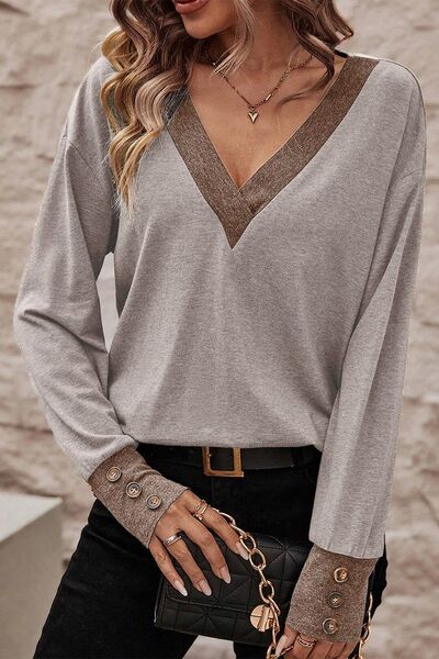 Rosy Brown V-Neck Dropped Shoulder Blouse Sentient Beauty Fashions Apparel & Accessories