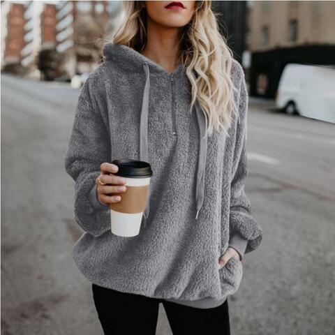 Dim Gray Quarter-Zip Drawstring Teddy Hoodie