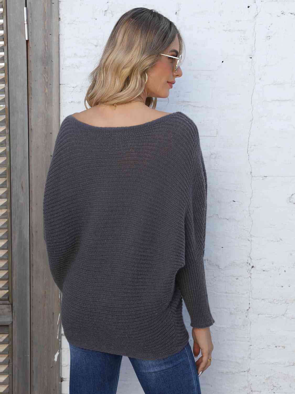 Gray Full Size Horizontal Ribbing Dolman Sleeve Sweater Sentient Beauty Fashions Apparel &amp; Accessories