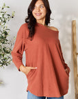 Light Gray BOMBOM Drop Shoulder Long Sleeve Blouse with Pockets Sentient Beauty Fashions Apparel & Accessories