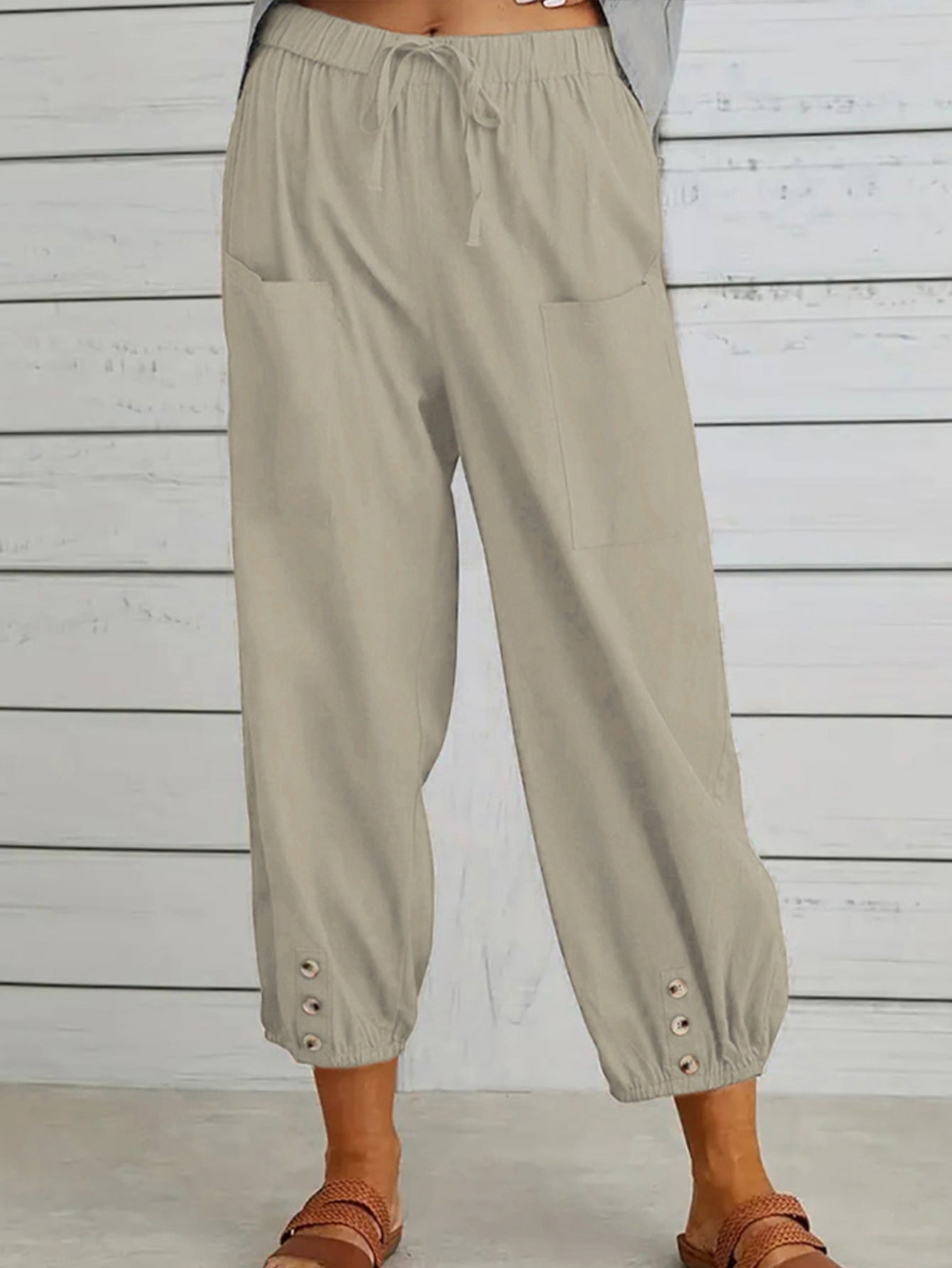 Dark Gray Decorative Button Cropped Pants Sentient Beauty Fashions Apparel &amp; Accessories