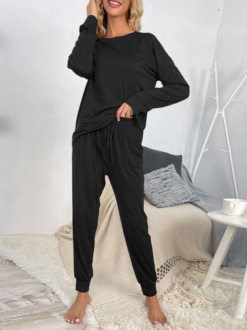 Gray Round Neck Top and Drawstring Pants Lounge Set Sentient Beauty Fashions Apparel &amp; Accessories