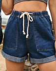 Tan Drawstring High Waist Denim Shorts with Pockets