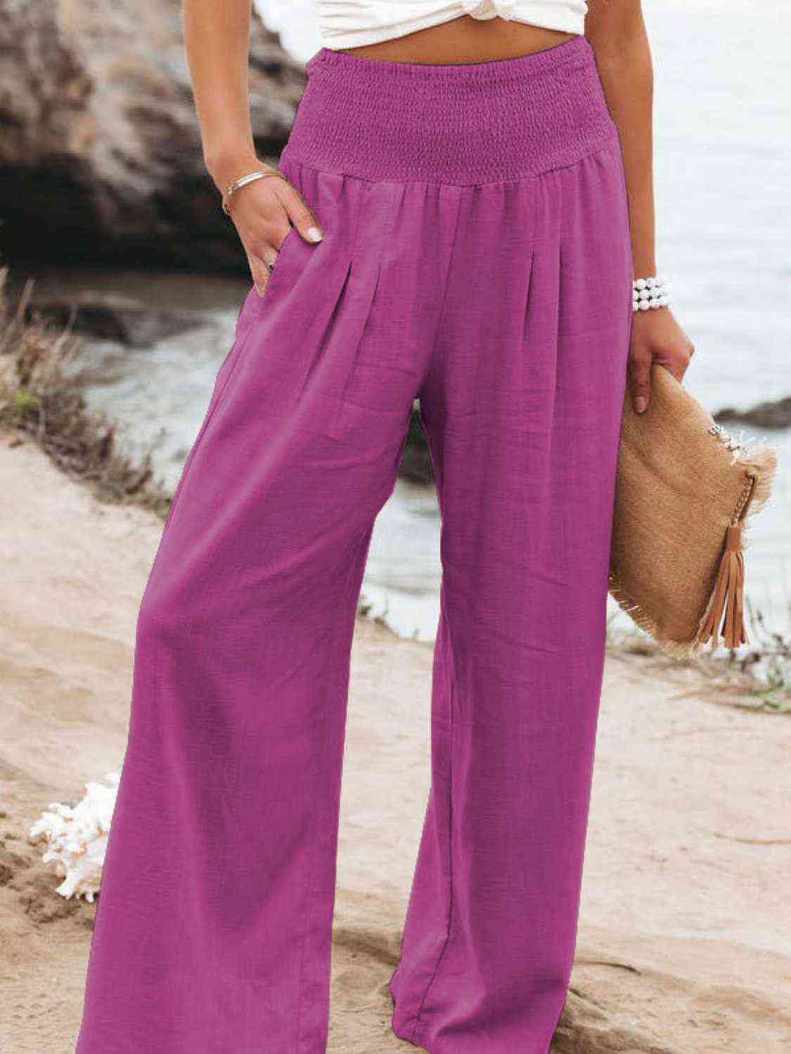 Maroon Full Size Smocked Waist Wide Leg Pants Sentient Beauty Fashions Apparel & Accessories