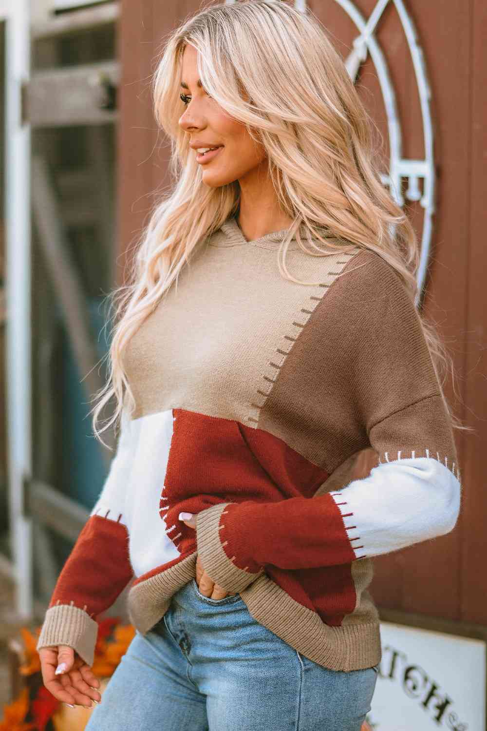 Dim Gray Color Block Long Sleeve Hooded Sweater