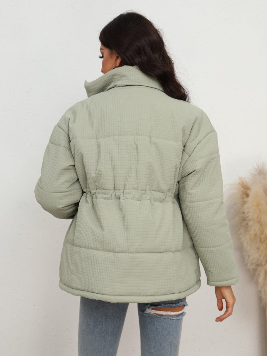 Gray Drawstring Waist Zip-Up Puffer Jacket