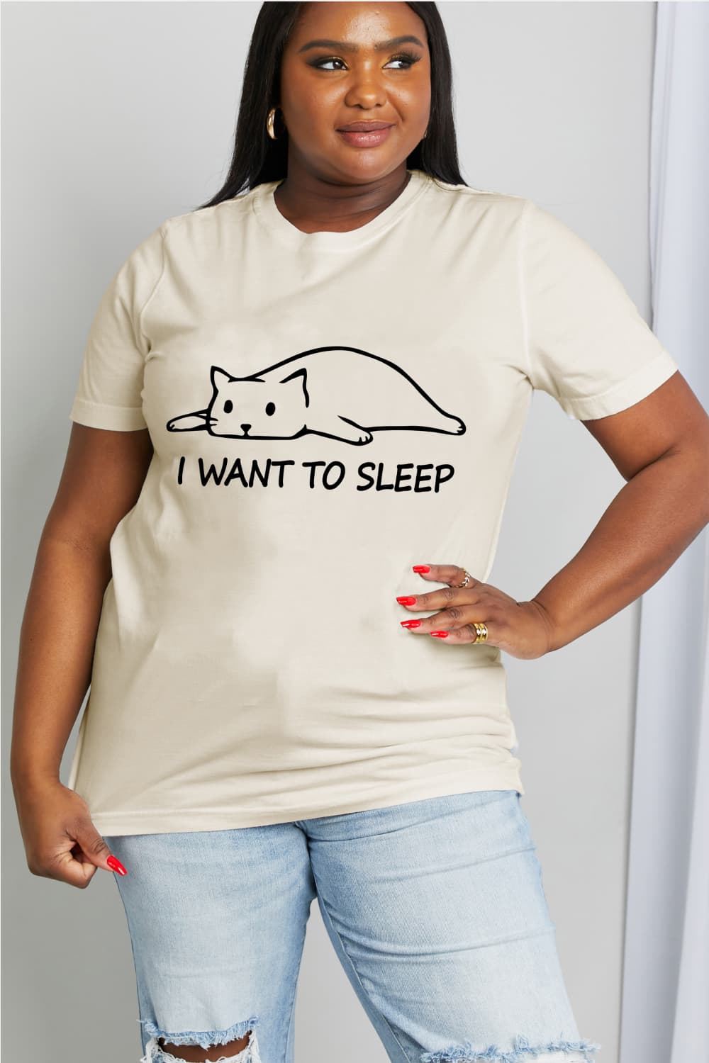 Light Gray Simply Love Full Size I WANT TO SLEEP Graphic Cotton Tee Sentient Beauty Fashions Apparel &amp; Accessories