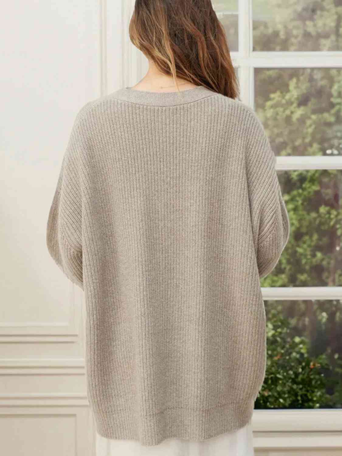 Gray Full Size V-Neck Rib-Knit Cardigan
