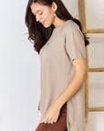 Light Gray Zenana Baby Waffle Short Sleeve Slit High-Low T-Shirt Sentient Beauty Fashions Apparel & Accessories