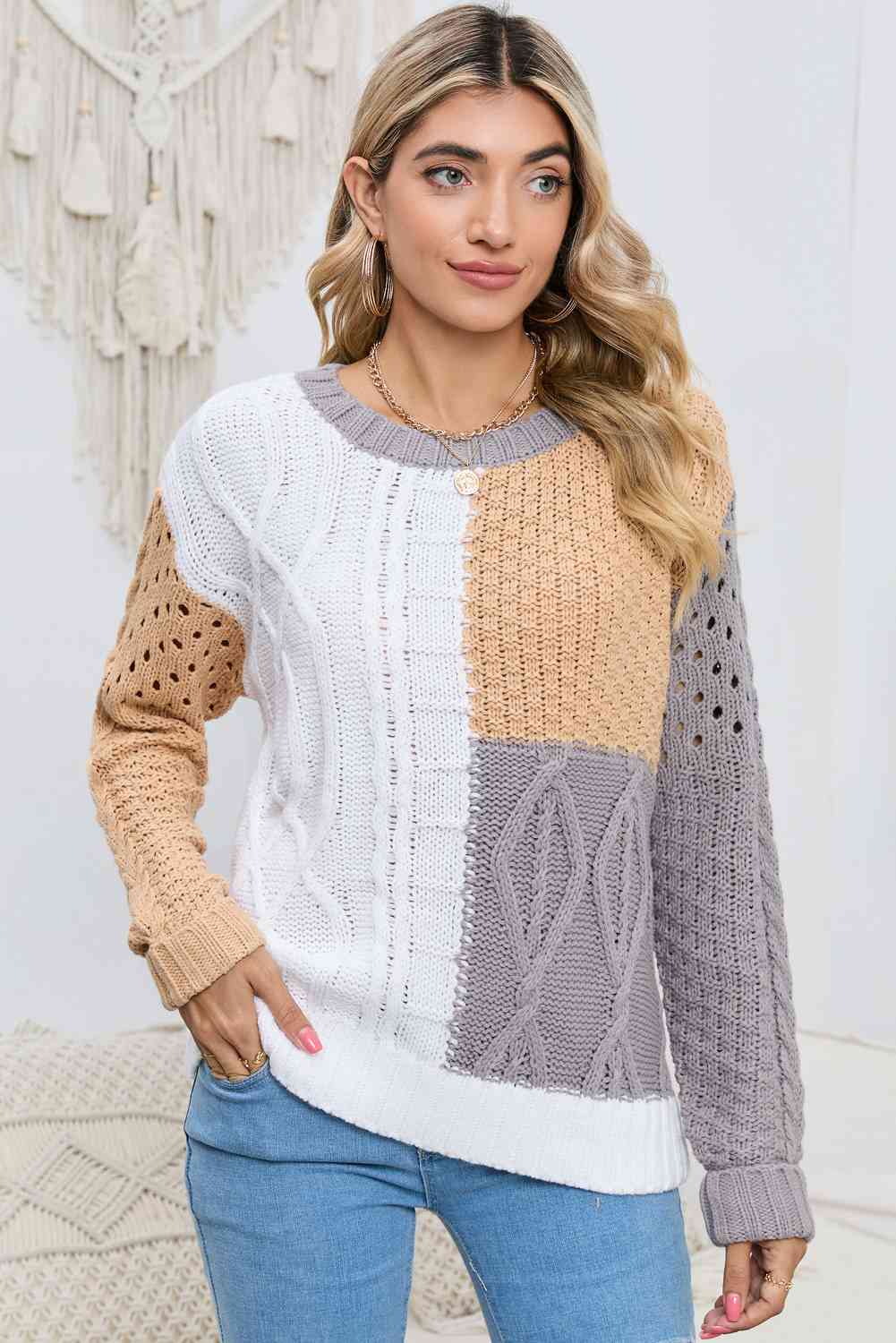 Light Gray Cable-Knit Openwork Round Neck Color Block Sweater Sentient Beauty Fashions Apparel &amp; Accessories