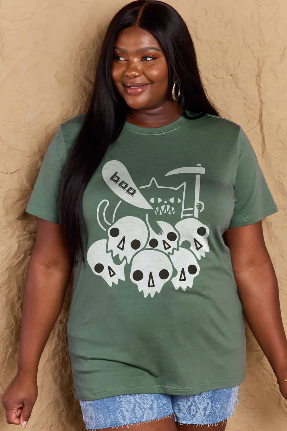 Dark Olive Green Simply Love Full Size Graphic BOO Cotton T-Shirt Sentient Beauty Fashions Apparel &amp; Accessories