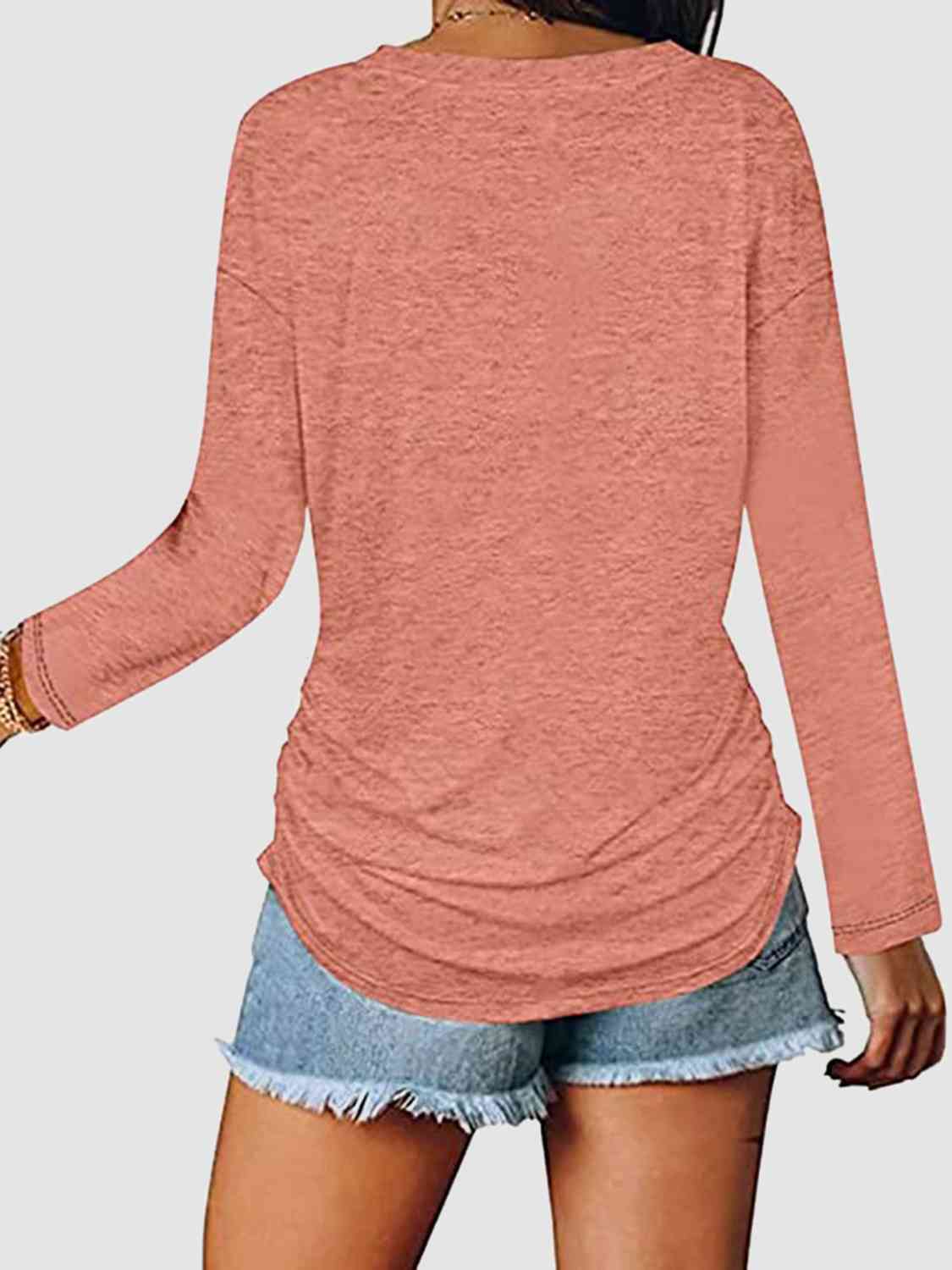 Rosy Brown Ruched V-Neck Long Sleeve T-Shirt