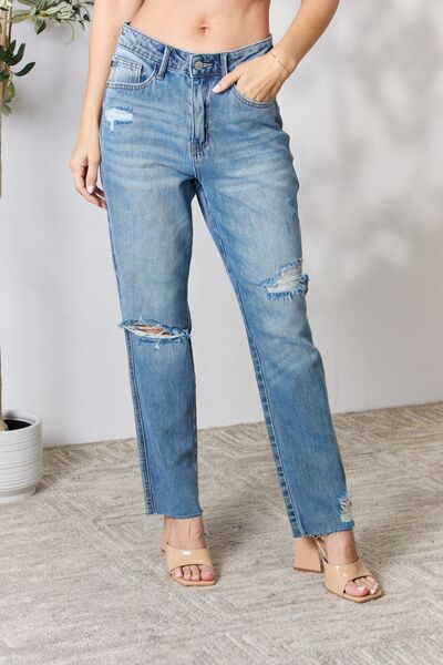 Gray Judy Blue Full Size Distressed Raw Hem Straight Jeans Sentient Beauty Fashions Apparel & Accessories