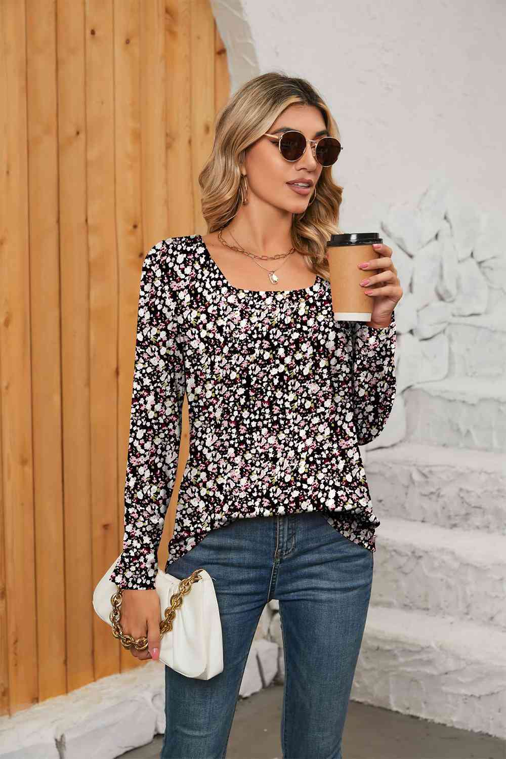 Rosy Brown Printed Square Neck Long Sleeve Blouse Sentient Beauty Fashions Apparel & Accessories