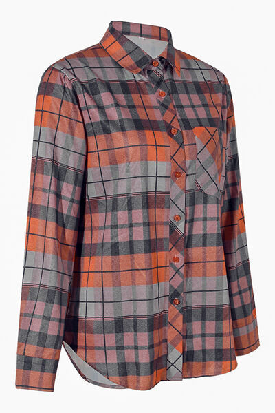 Dim Gray Plaid Pocketed Button Up Shirt Sentient Beauty Fashions Apparel & Accessories