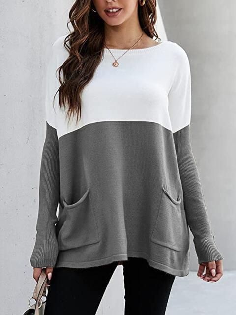 Gray Two Tone Pullover Sweater with Pockets Sentient Beauty Fashions Apparel & Accessories