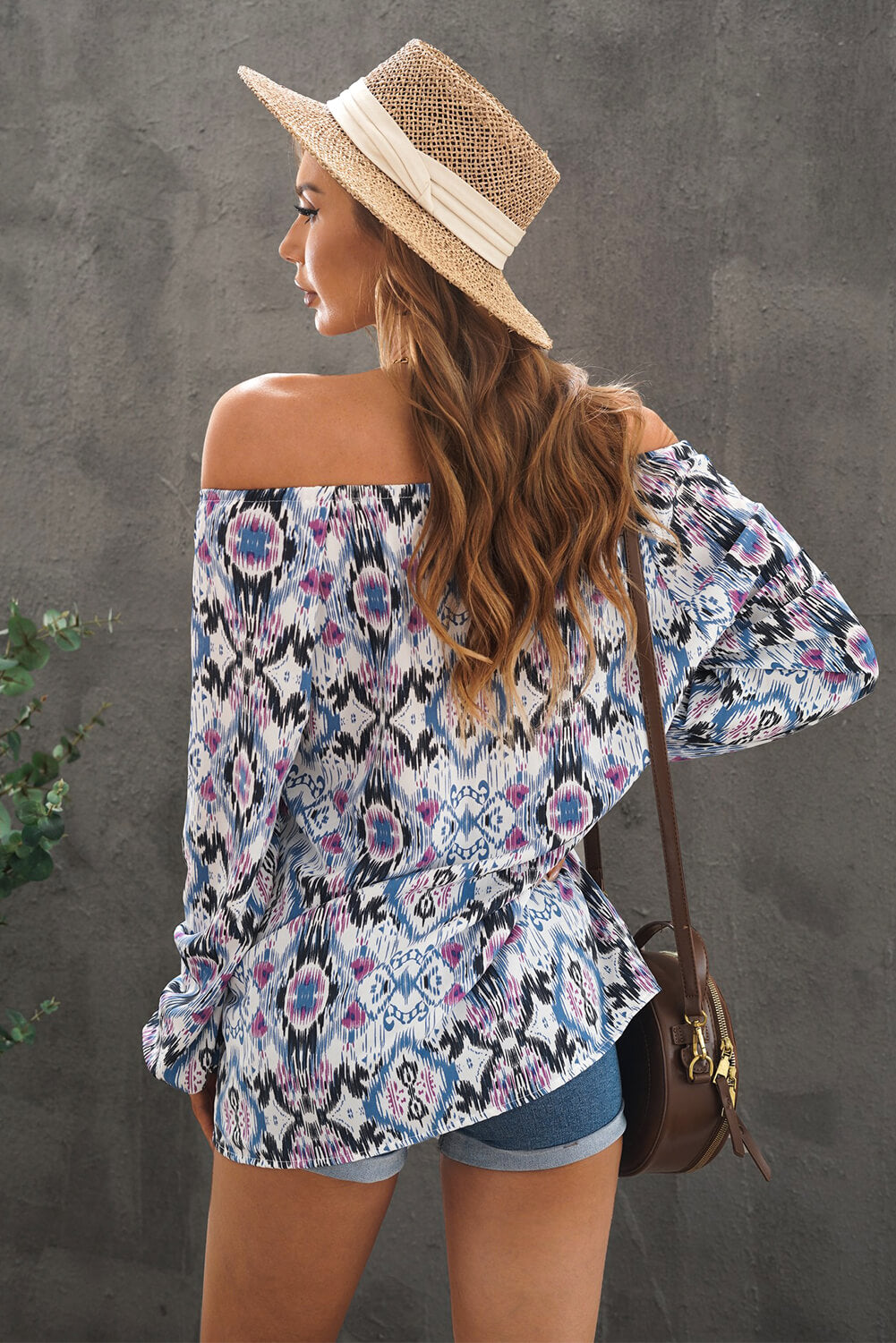 Dim Gray Printed Off-Shoulder Tied Balloon Sleeve Blouse