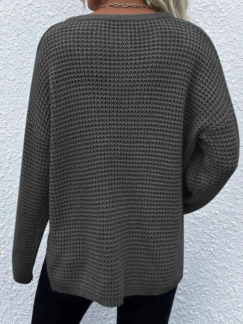 Dark Slate Gray Notched Long Sleeve Sweater