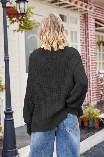 Gray Ribbed Drop Shoulder Lantern Sleeve Sweater