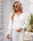 Light Gray V-Neck Smocked Ruffled Long Sleeve Top Sentient Beauty Fashions Apparel & Accessories