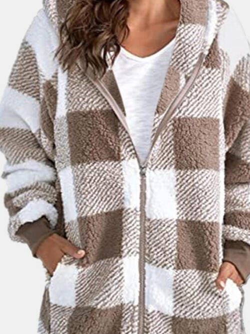 Gray Plaid Zip Up Hooded Jacket with Pockets Sentient Beauty Fashions Apparel &amp; Accessories