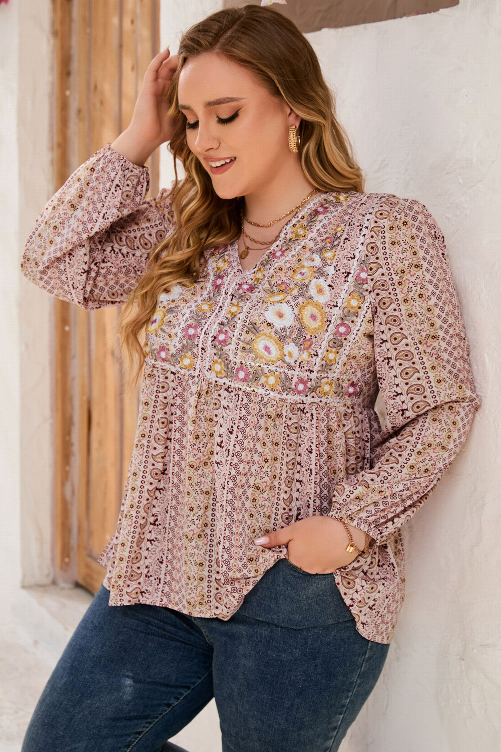 Tan Plus Size V-Neck Prined Long Sleeve Blouse Sentient Beauty Fashions Apparel & Accessories