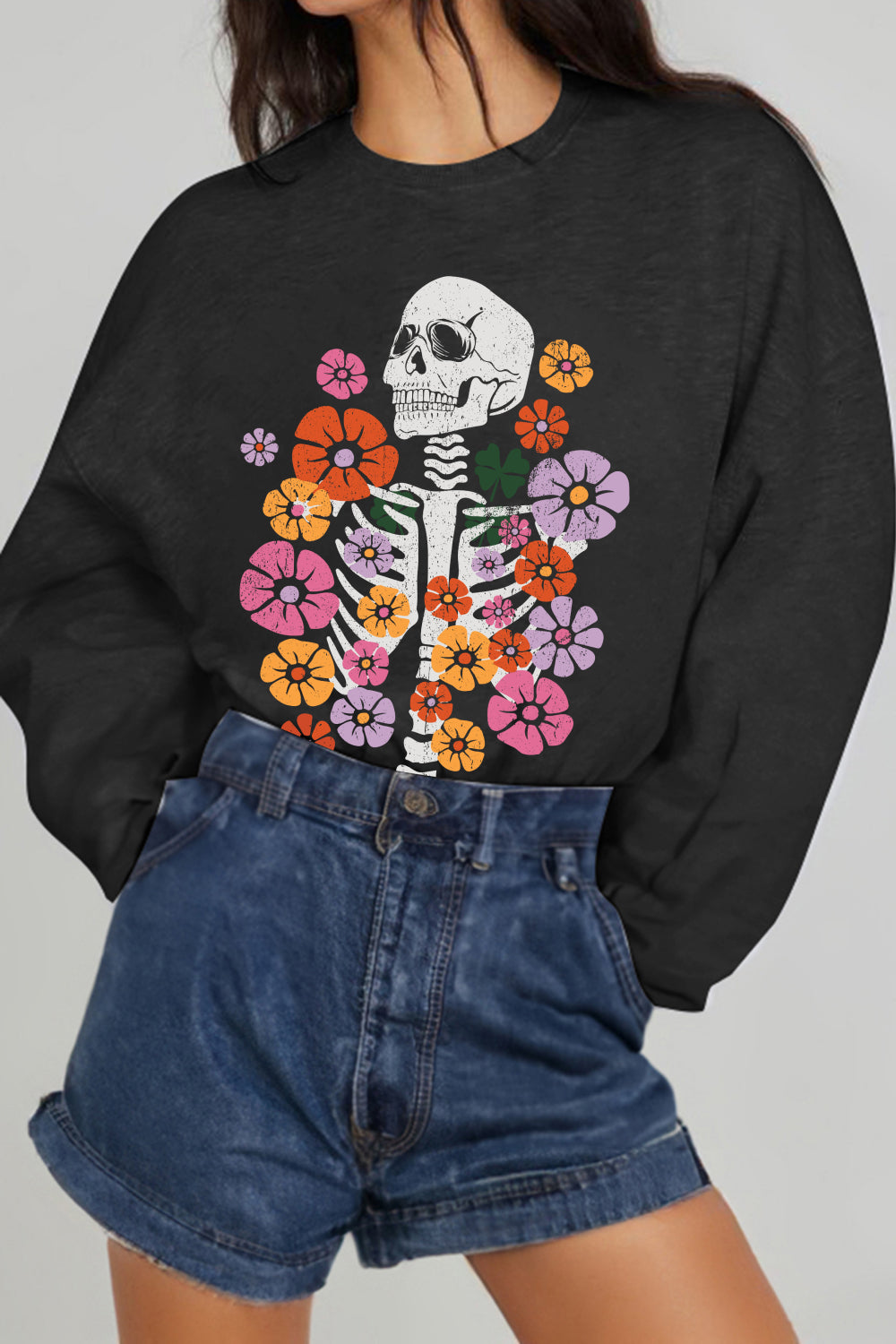 Dark Slate Gray Simply Love Simply Love Full Size Flower Skeleton Graphic Sweatshirt Sentient Beauty Fashions Apparel &amp; Accessories