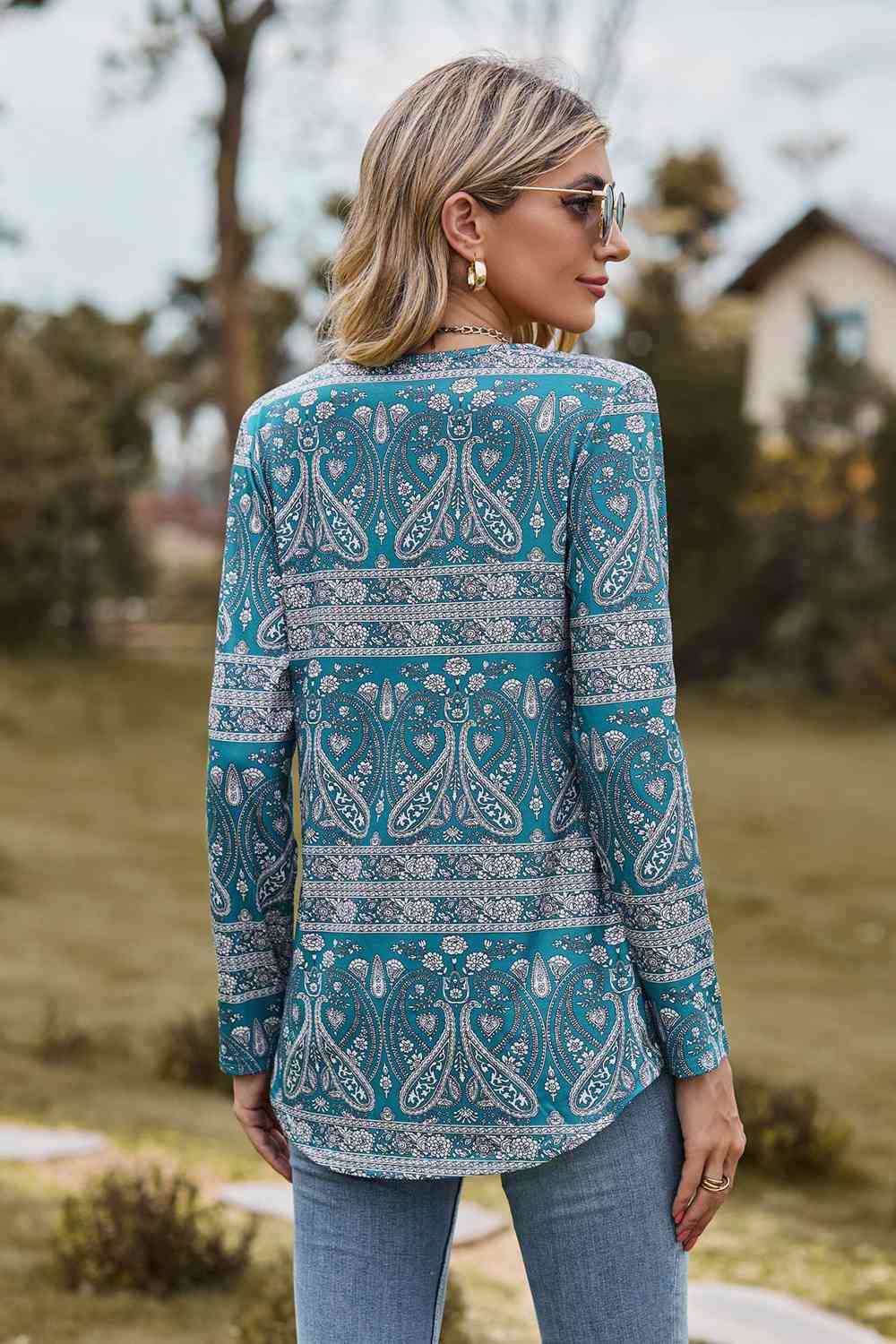 Dim Gray Printed Square Neck Long Sleeve Blouse Sentient Beauty Fashions Apparel &amp; Accessories