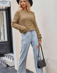 Gray Cable-Knit Round Neck Dropped Shoulder Sweater