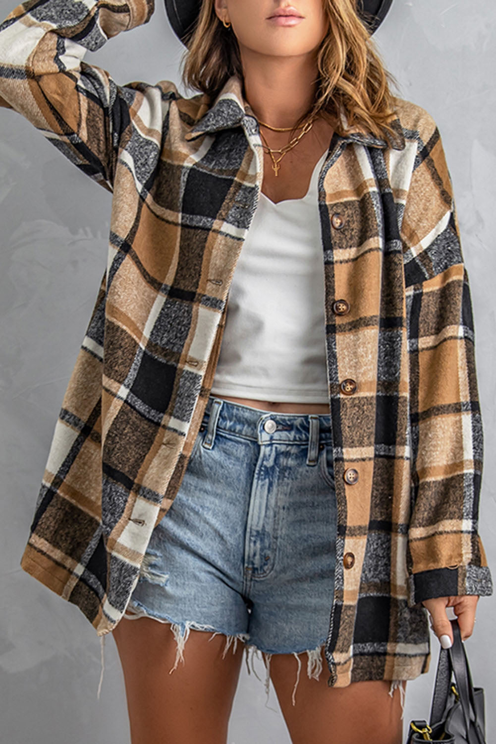 Light Slate Gray Double Take Plaid Dropped Shoulder Pocketed Shirt Jacket Sentient Beauty Fashions Apparel &amp; Accessories
