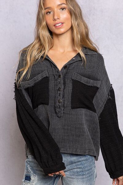 Dark Slate Gray POL Oversize Contrast Long Sleeve Half Button Blouse Sentient Beauty Fashions Apparel &amp; Accessories
