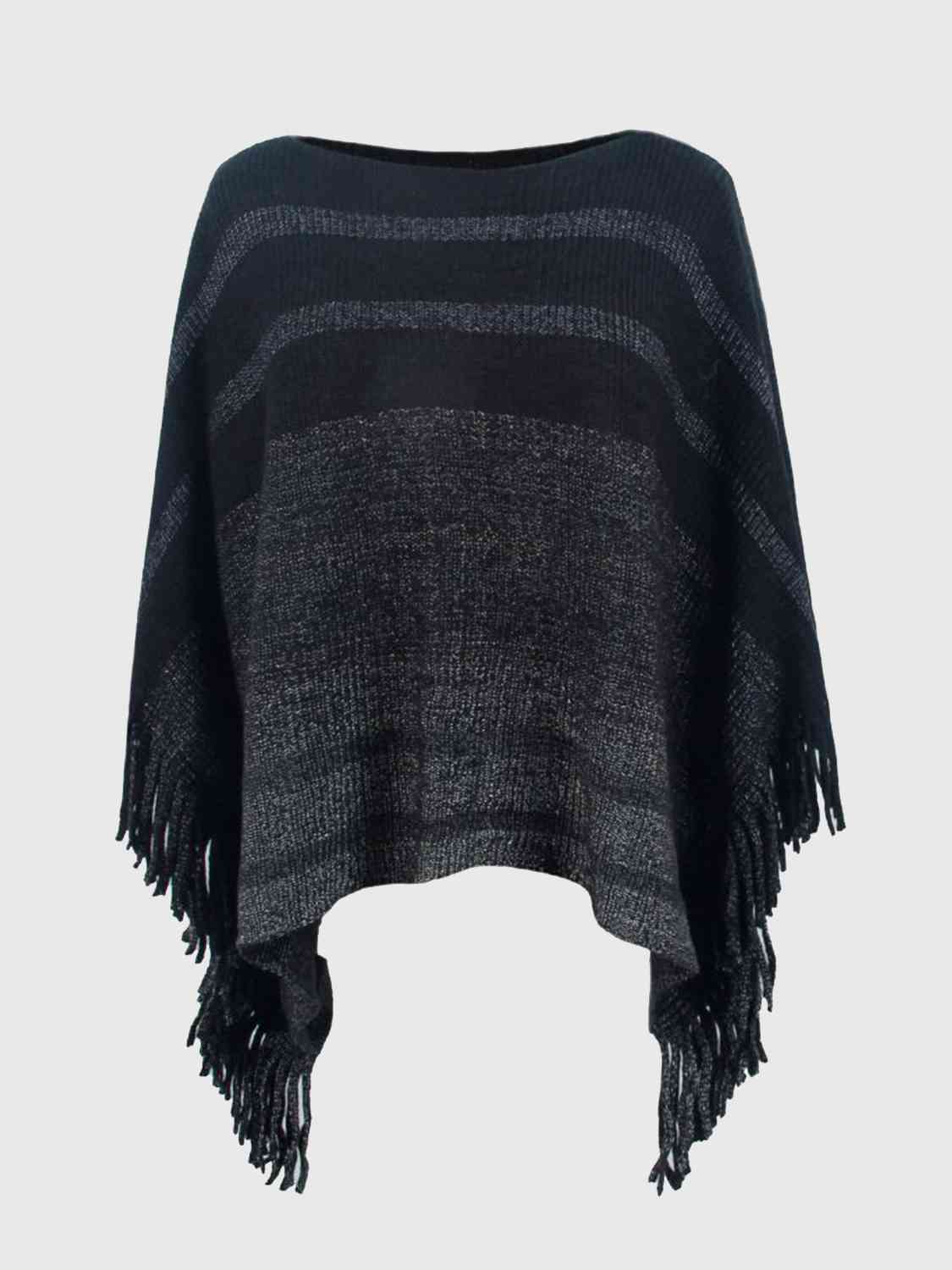 Dark Slate Gray Striped Boat Neck Poncho with Fringes