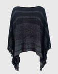 Dark Slate Gray Striped Boat Neck Poncho with Fringes