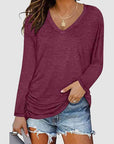 Saddle Brown Ruched V-Neck Long Sleeve T-Shirt