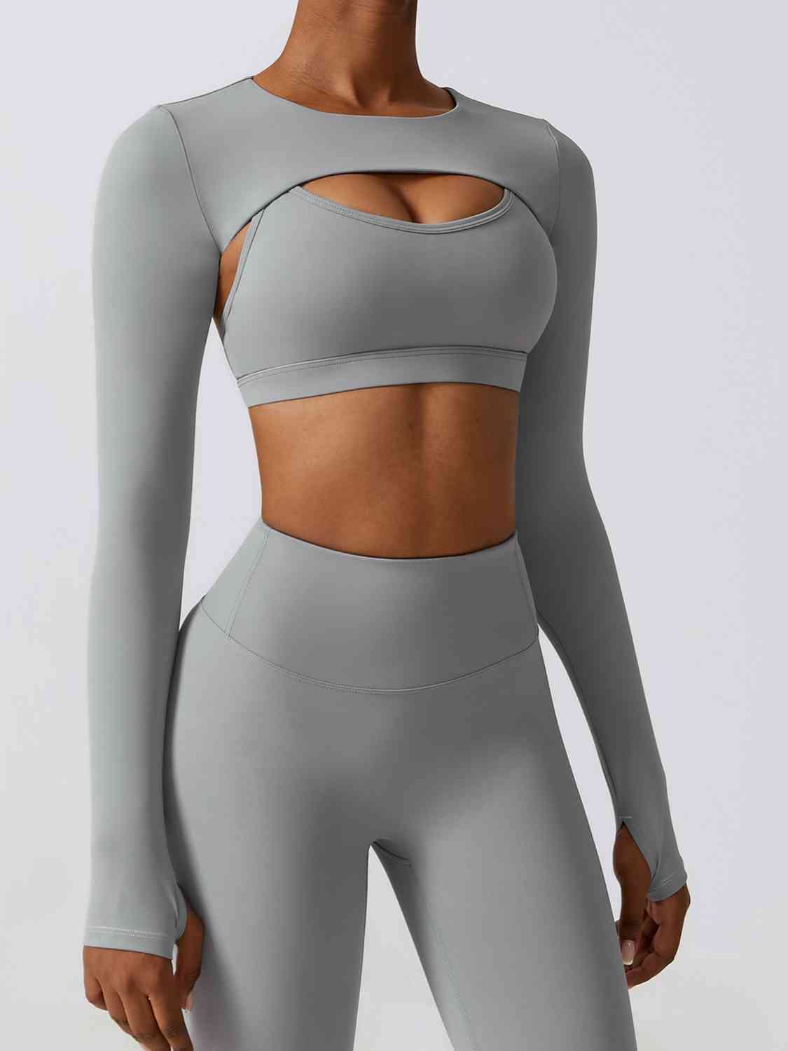 Gray Cropped Cutout Long Sleeve Sports Top Sentient Beauty Fashions Apparel &amp; Accessories