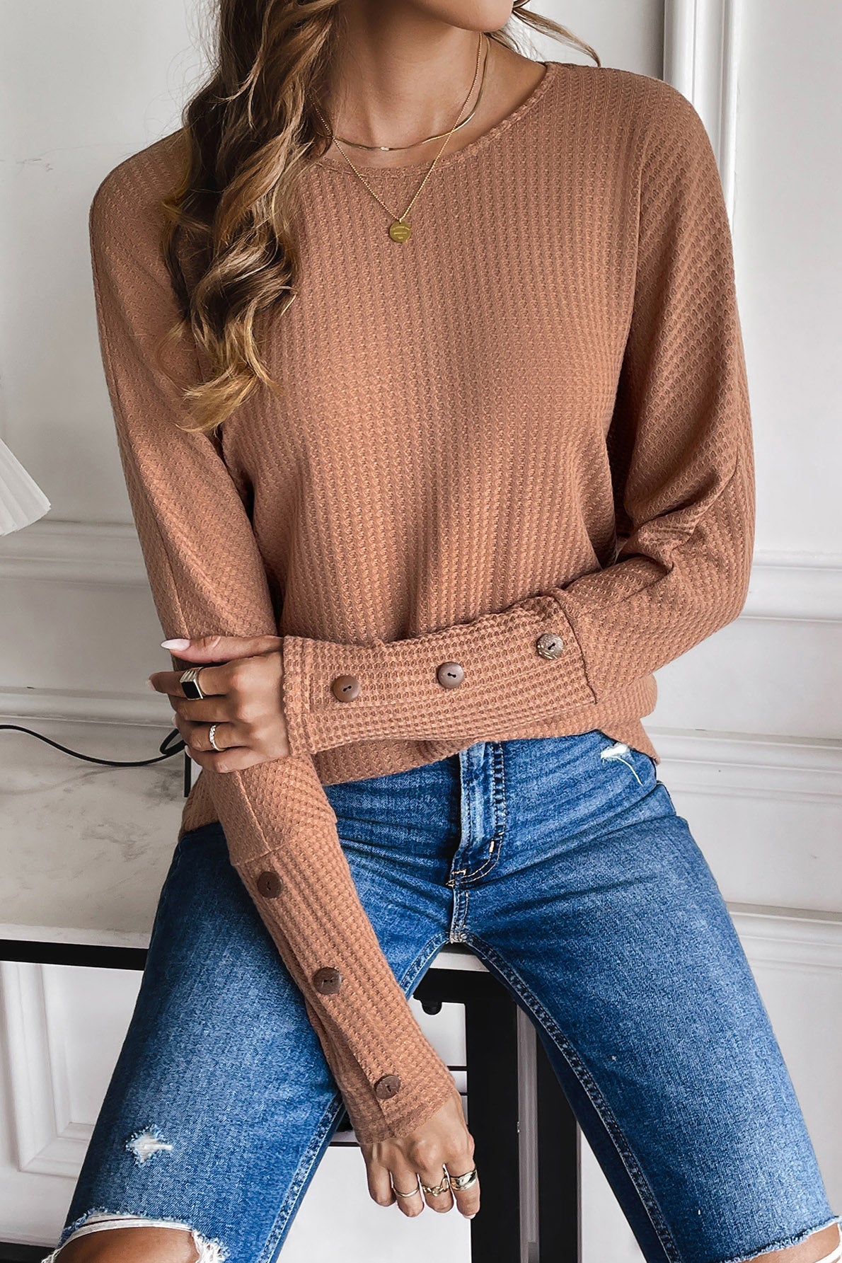 Waffle-Knit Round Neck Top