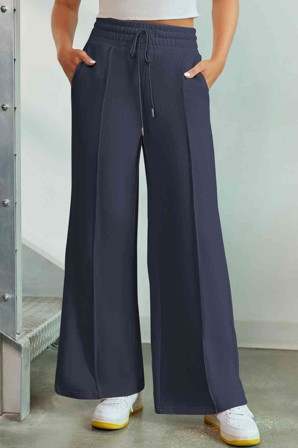 Dark Gray Drawstring Wide Leg Pants with Pockets Sentient Beauty Fashions Apparel &amp; Accessories